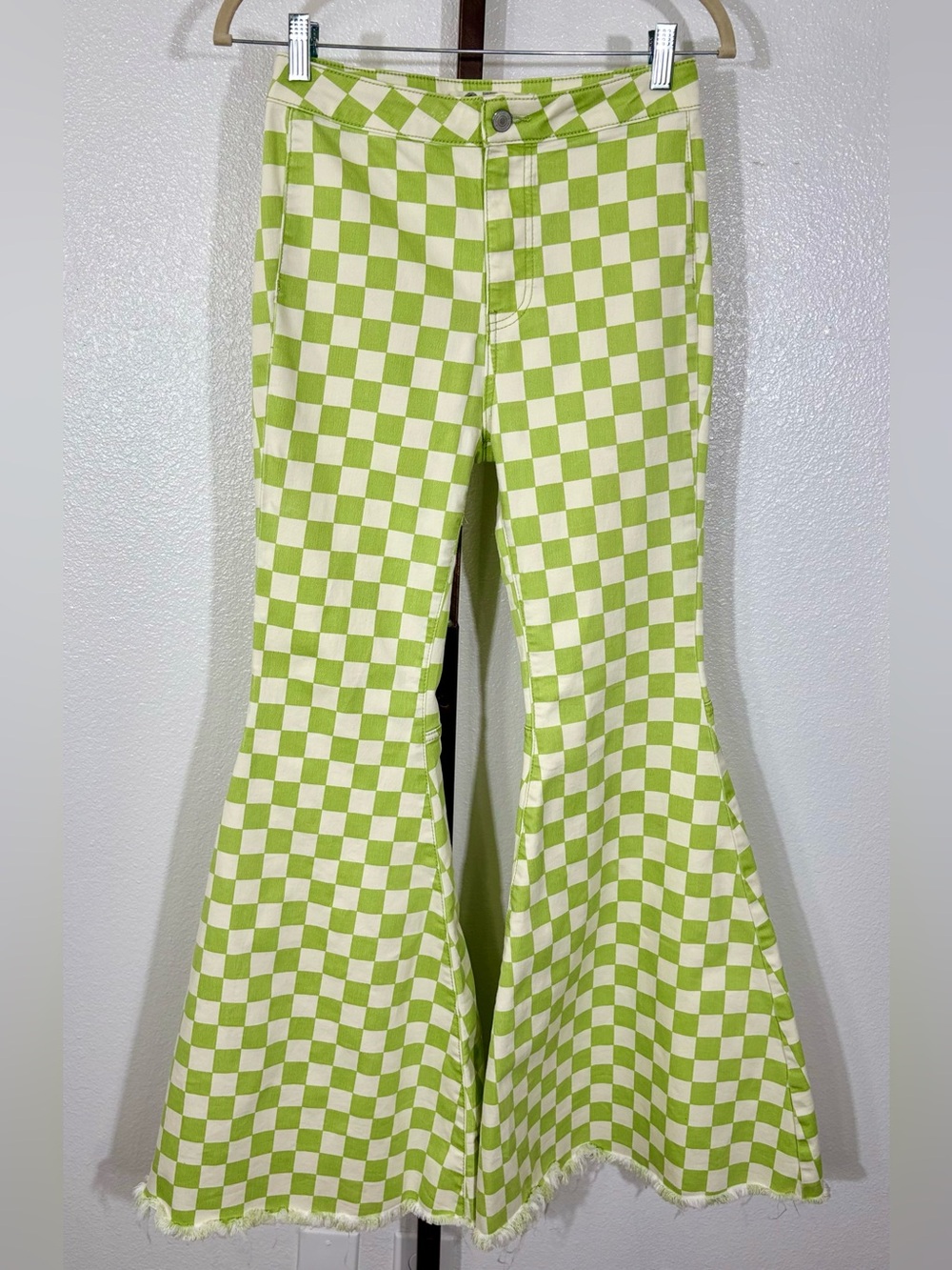Free People We the Free Just Float On Green Checkerboard Bellbottoms Size 27
